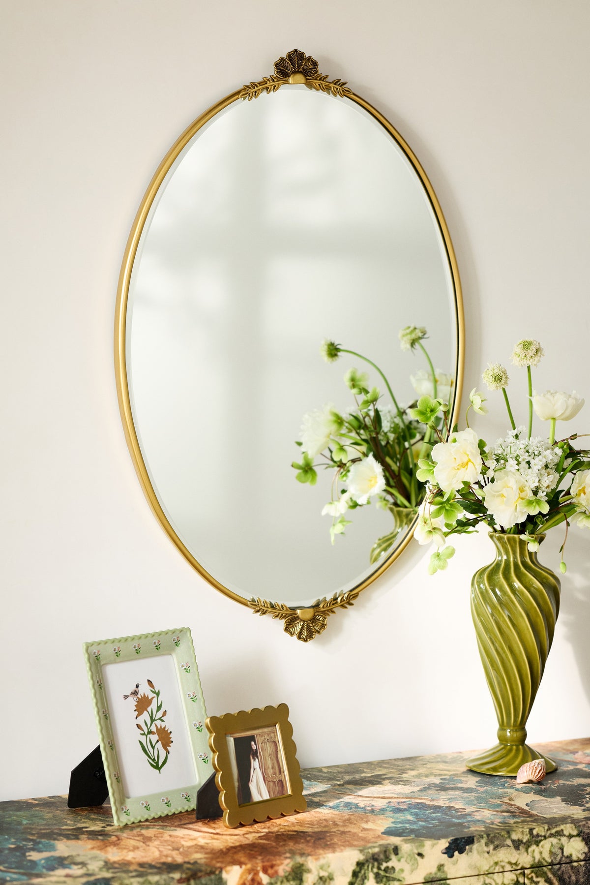 Hafdis Gold Oval Bathroom Mirror with Shell Crest featured in the Oval Mirrors collection