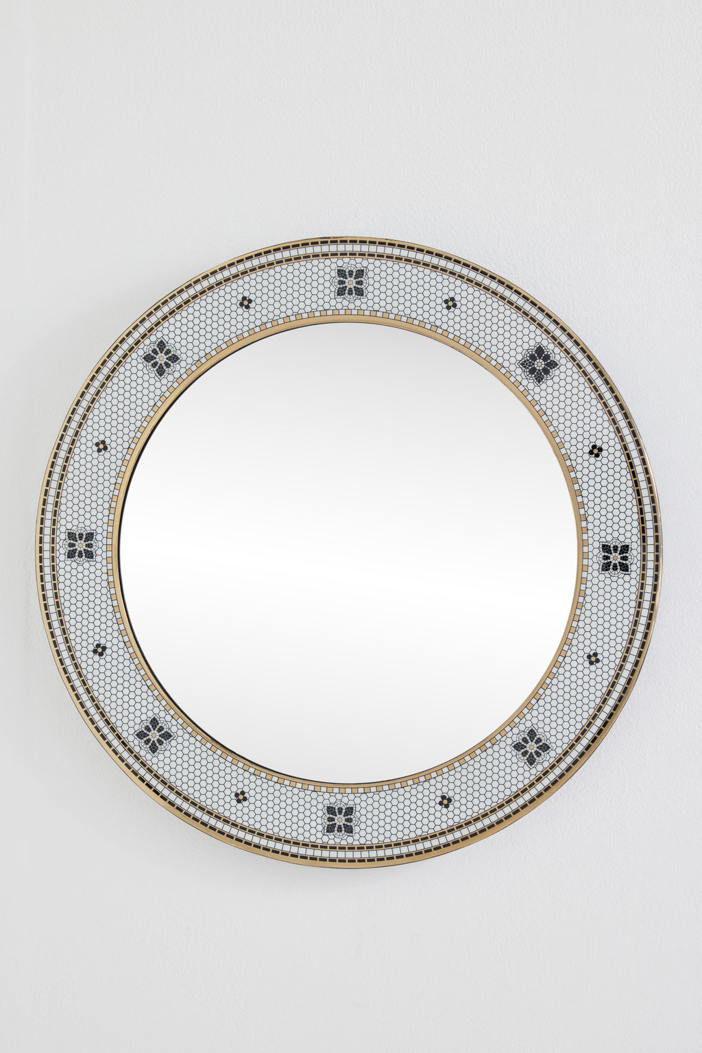 Kaffi Black and White Mosaic Tile Round Wall Mirror, 24k Gold Accents in Black & White Pattern, product view 2