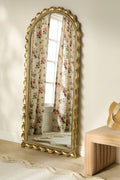 Harpa Scalloped Antique Gold Arched Floor Mirror in Brass, product view 1