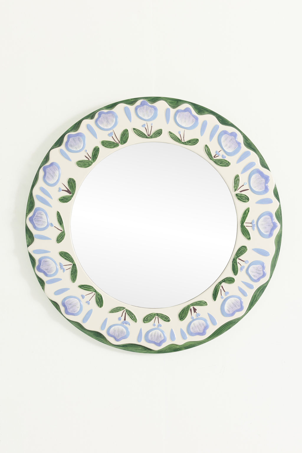 Vor Blue Tulip Motif Round Wall Mirror, 24 in in Light Blue, product view 1