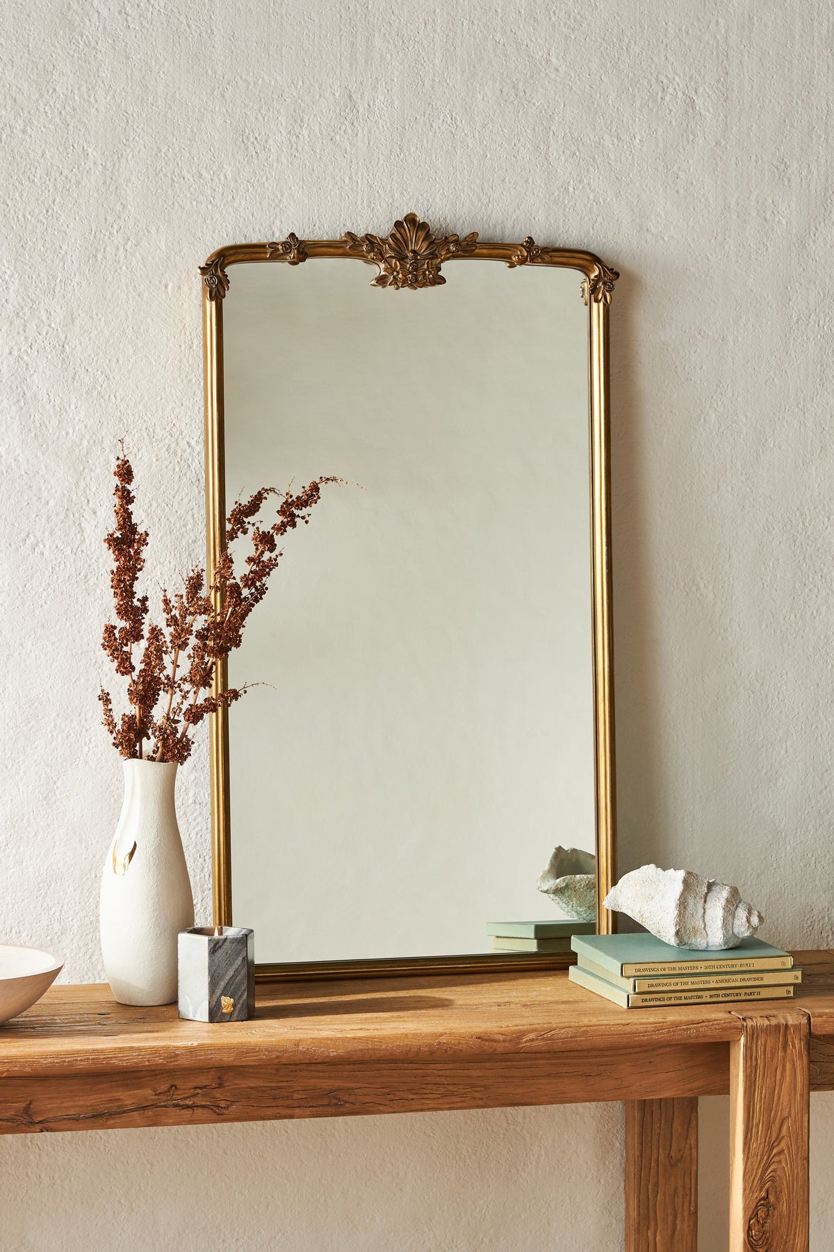 Lilja Floral Crest Gold Rectangular Wall Mirror in 070 Gold, product view 1