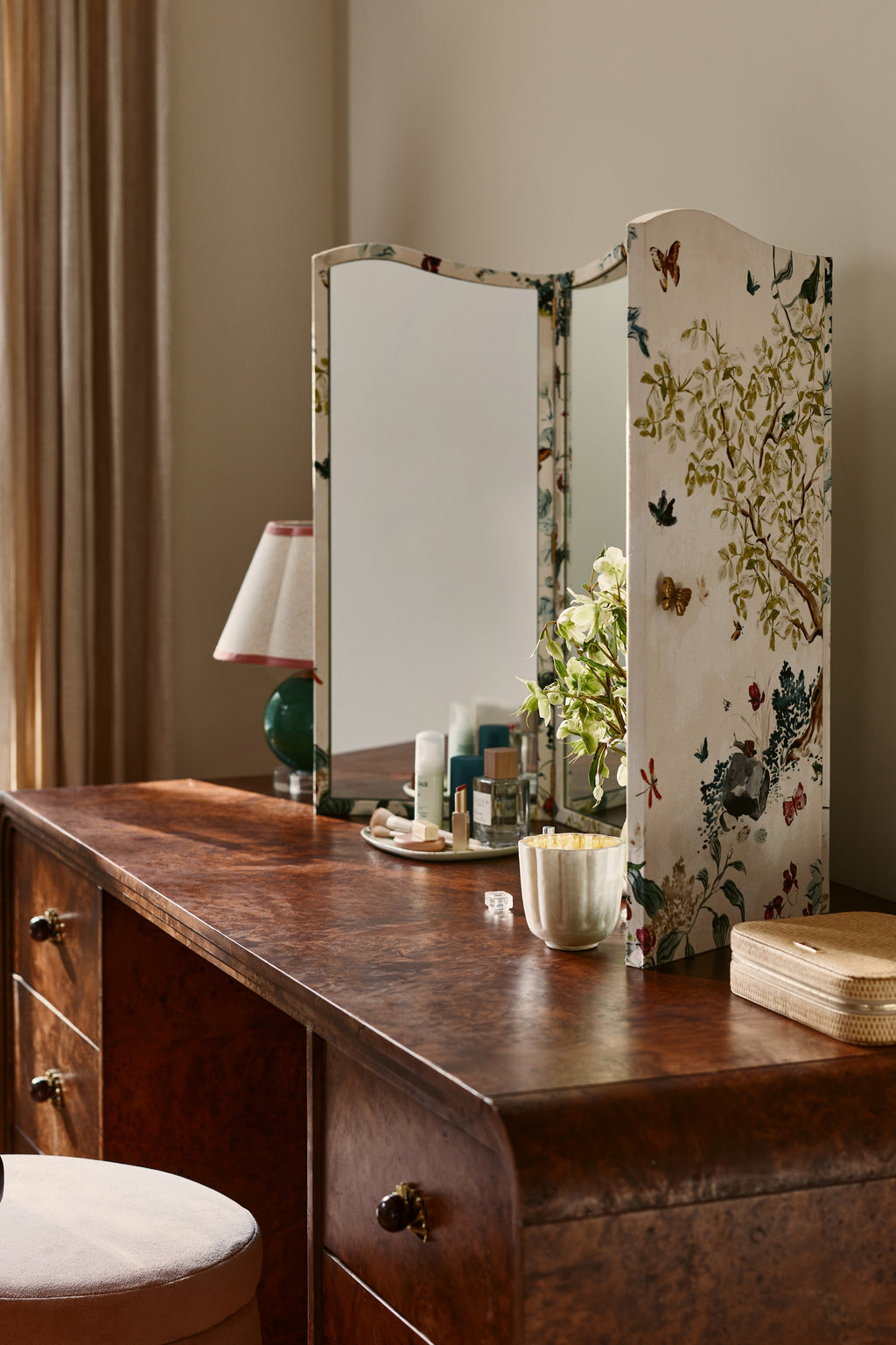 Idunn Printed Fabric Triptych Wall Mirror in Lya Butterfly, product view 5