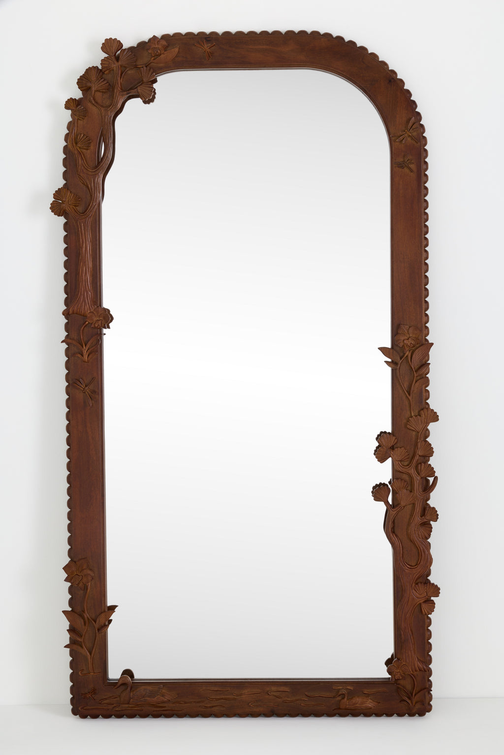 Skogur Carved Floral Wood Arched Floor Mirror in Brown, product view 2