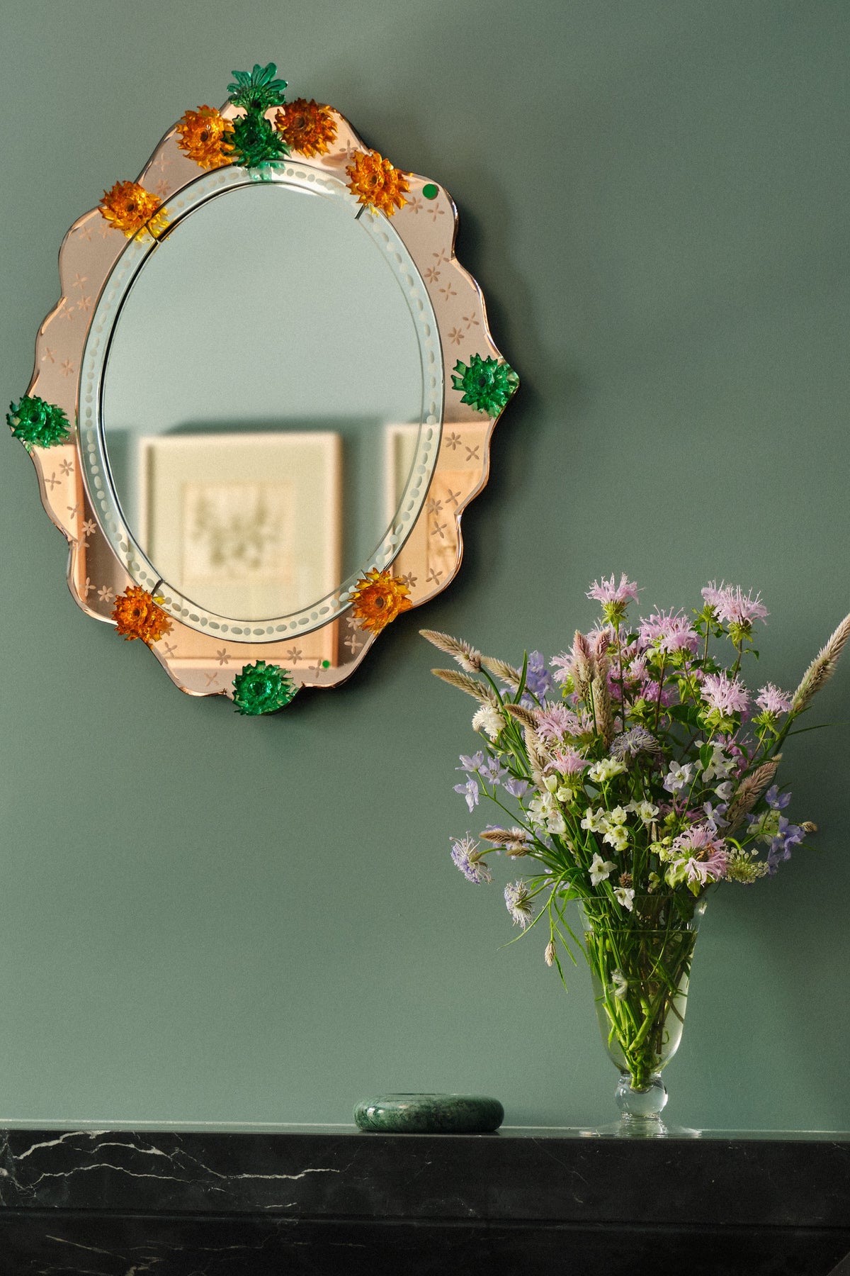 Asta Venetian-Style Floral Oval Wall Mirror, Tinted Glass in Blush, product view 4