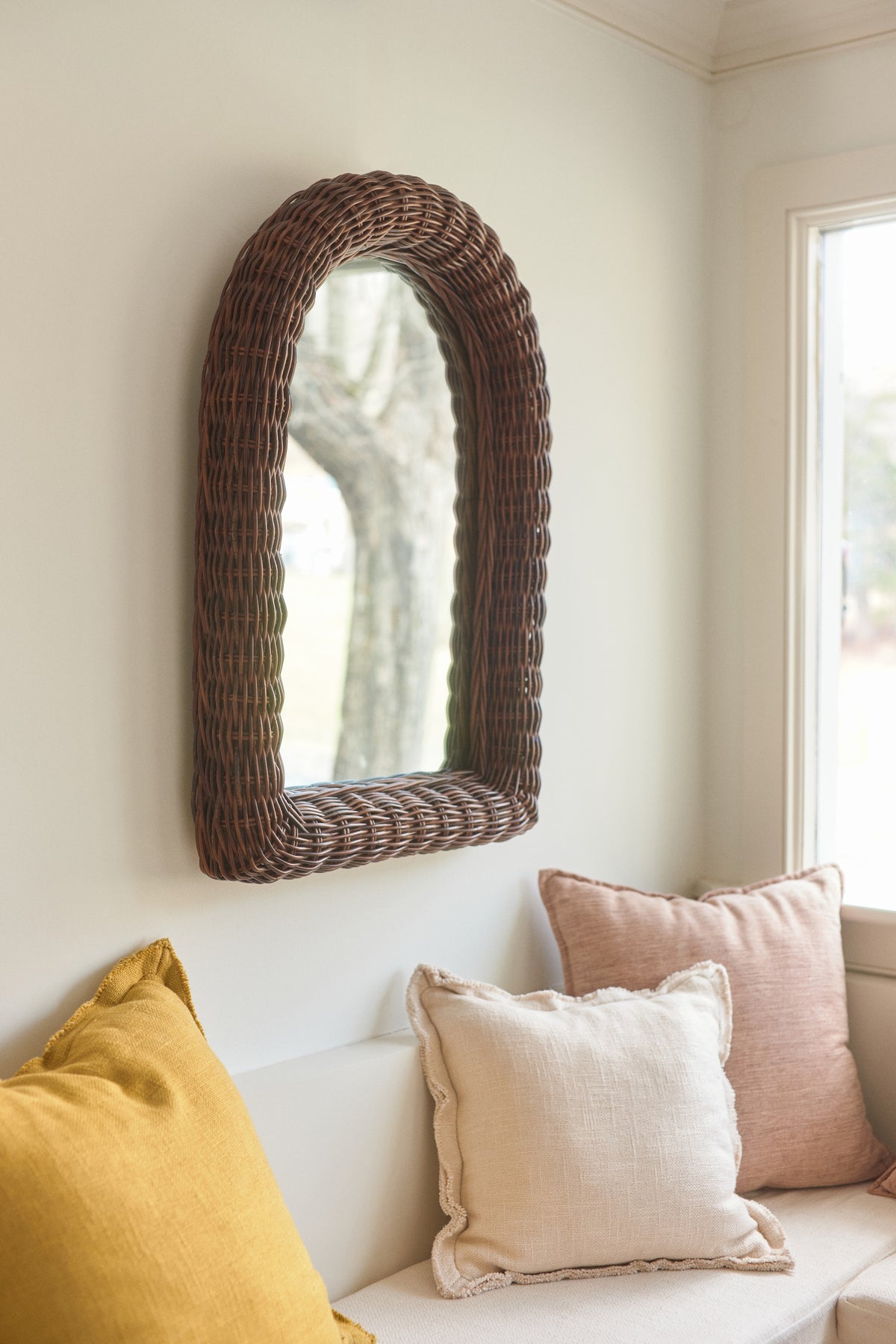 Mosi Woven Rattan Wall Mirror, Arched or Oval in Brown, product view 1