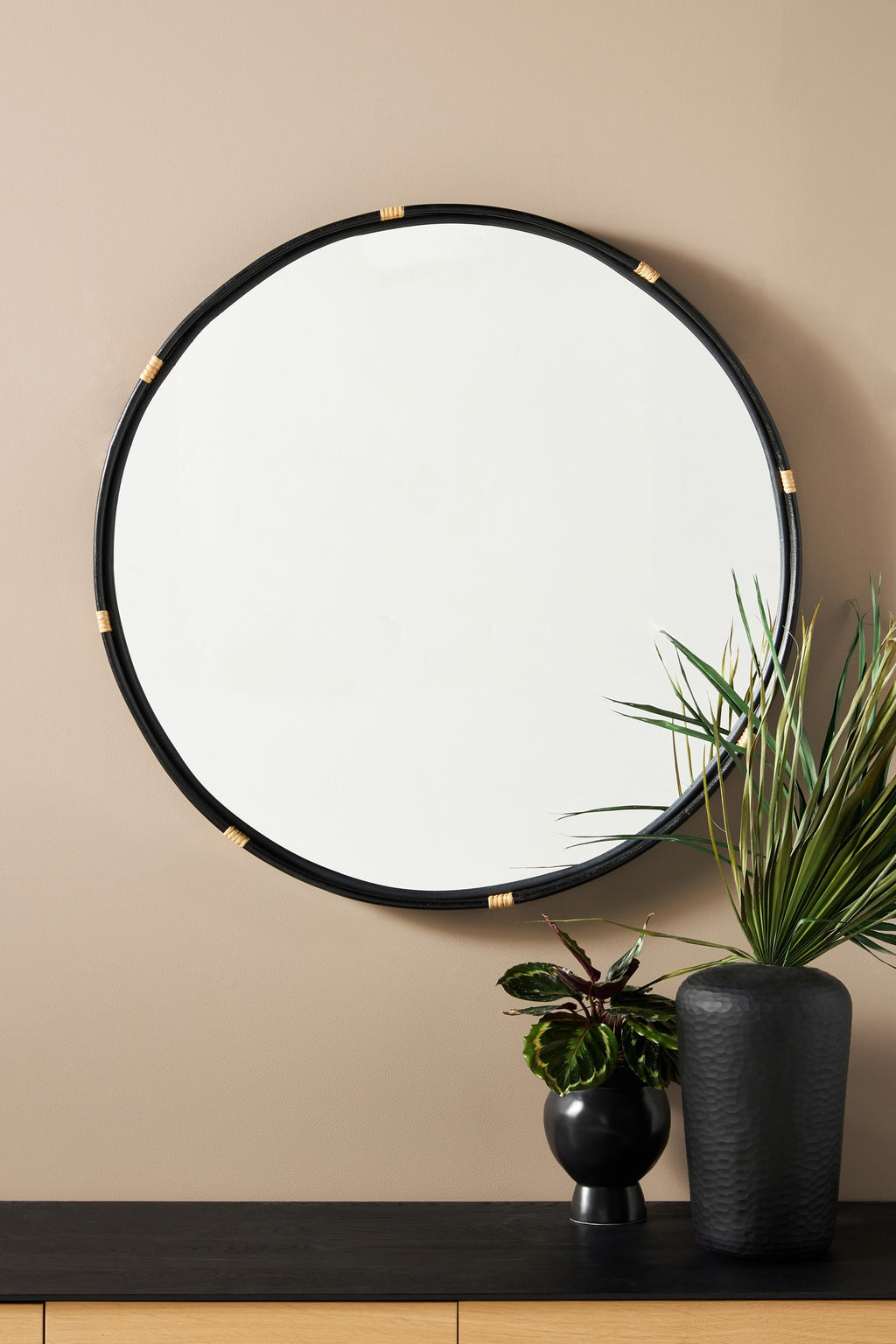 Kol Black Rattan Round Wall Mirror, 34 in in 001 Black, product view 1