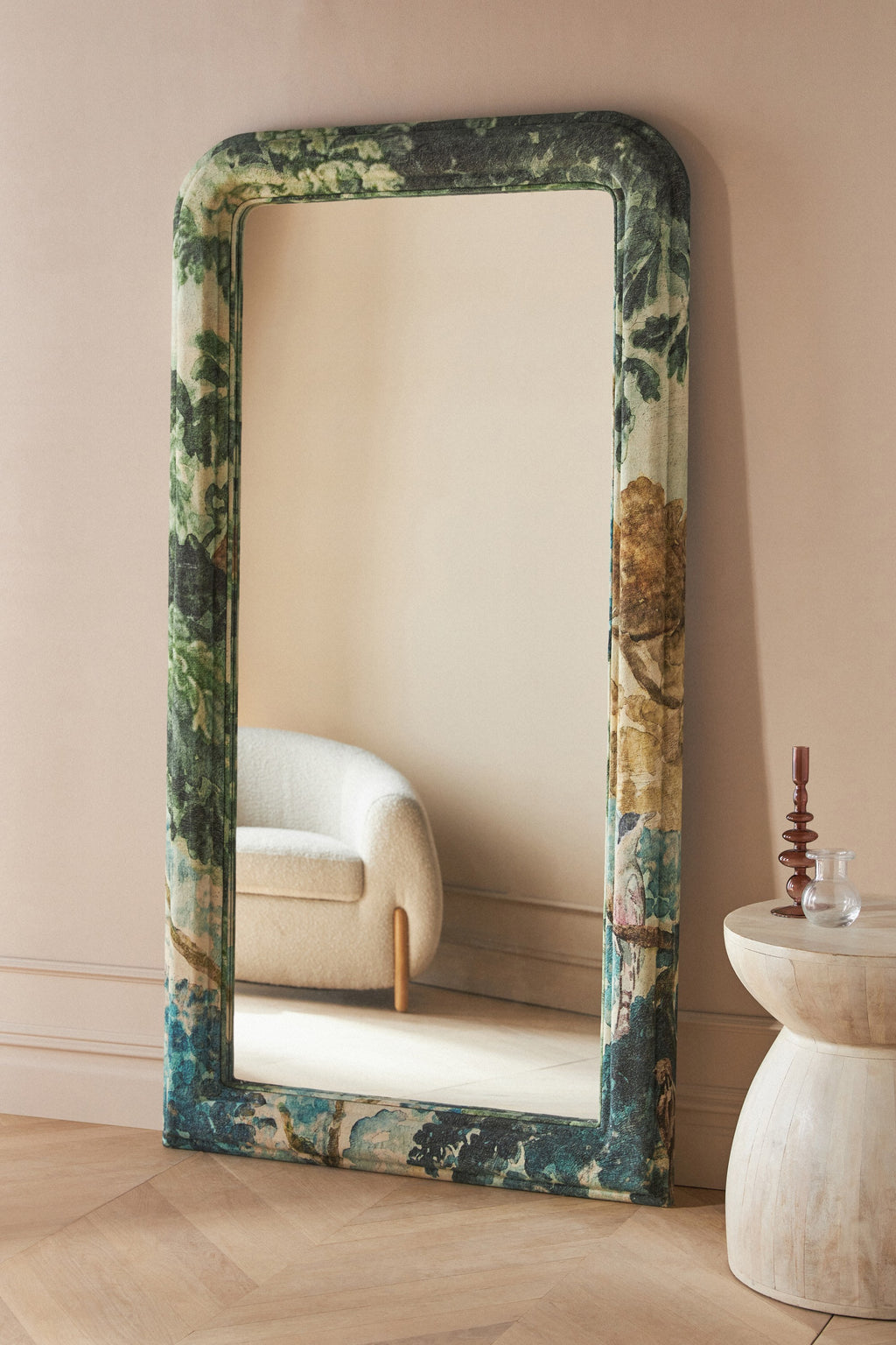 Saga Botanical Tapestry Upholstered Floor Mirror in Judarn, product view 1