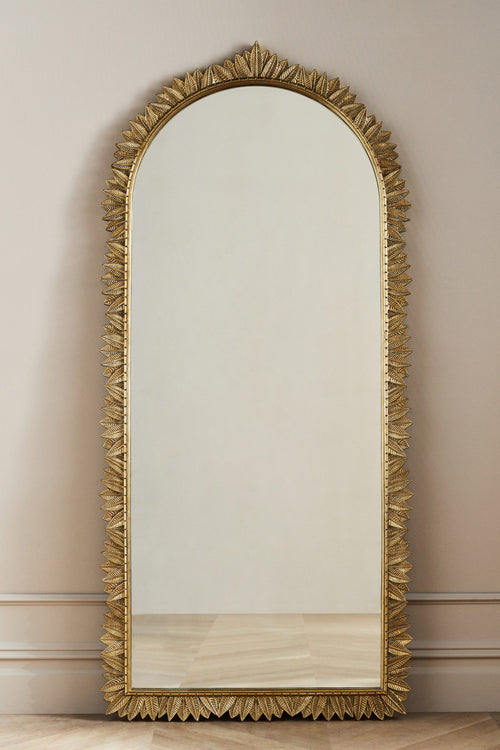 Sigrid Leaf-Trim Arched Floor Mirror, Antique Brass Finish in 027 Brass, product view 2