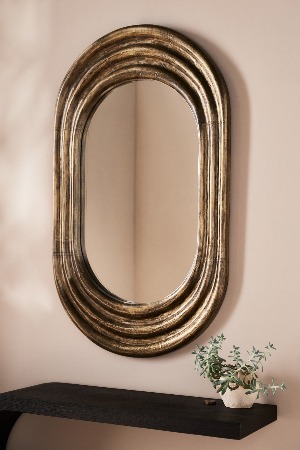 Orri Ribbed Antique Brass Oval Wall Mirror, 48 in in 074 Maize, product view 1