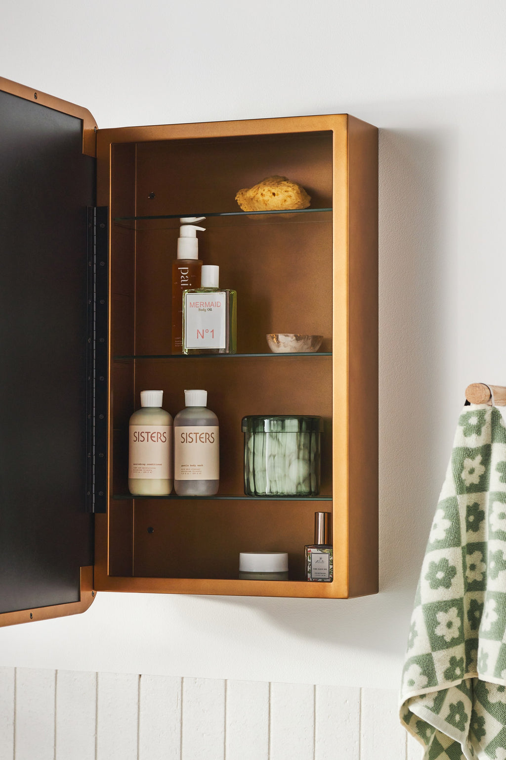 Tjorn Rounded-Corner Gold Medicine Cabinet, Surface or Recessed, product view 2